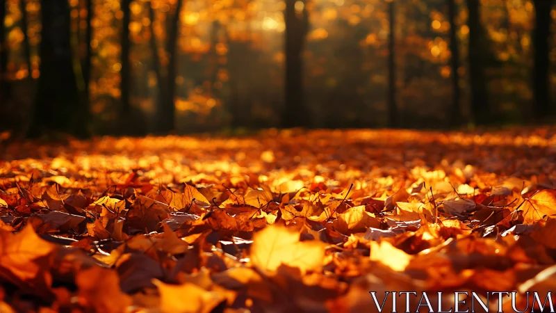 Golden autumn leaves carpet forest floor in soft sunrise glow