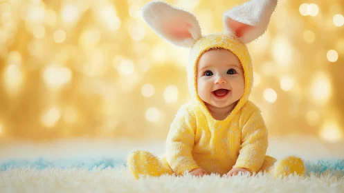 Infant in yellow bunny costume against defocused lights.