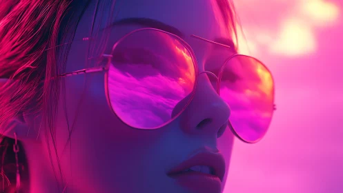 Neon-lit portrait with reflective aviators and magenta glow.