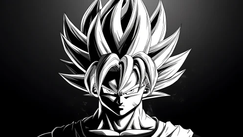 Electric-haired anime warrior poised in dramatic monochrome.