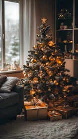 Christmas tree stands lit beside window with wrapped gifts