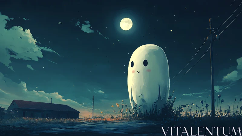 Gentle moonlit ghost buddy visiting a quiet country road.