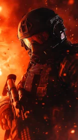 Armored soldier in burning battlefield with rifle ready.