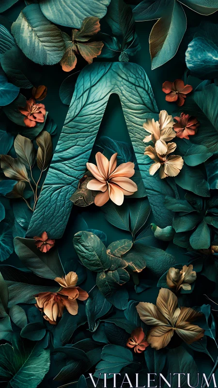 Botanical letterform A with teal foliage and floral contrast.
