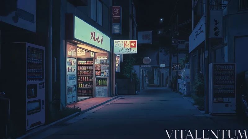 Quiet neon corner hums softly over a midnight alleyway