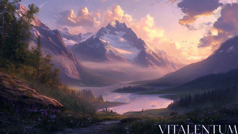 Sunlit peaks cradle a mirror lake in violet dusk hush