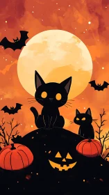 Black Cat and Jack O'Lantern Under Harvest Moon