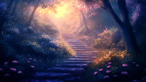 Enchanted Forest Path: Glowing Steps Through Luminous Garden