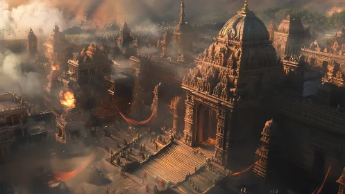 Ancient sandstone temple city under siege and burning