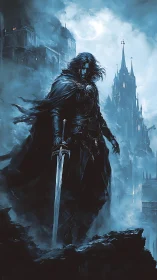 Armored dark knight stands before gothic citadel in moonlit mist