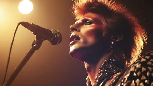 Glam rock singer holds the stage under warm spotlight glow.