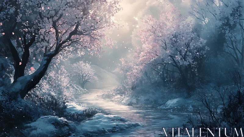 Transitional thaw river under luminous mist and blooming trees