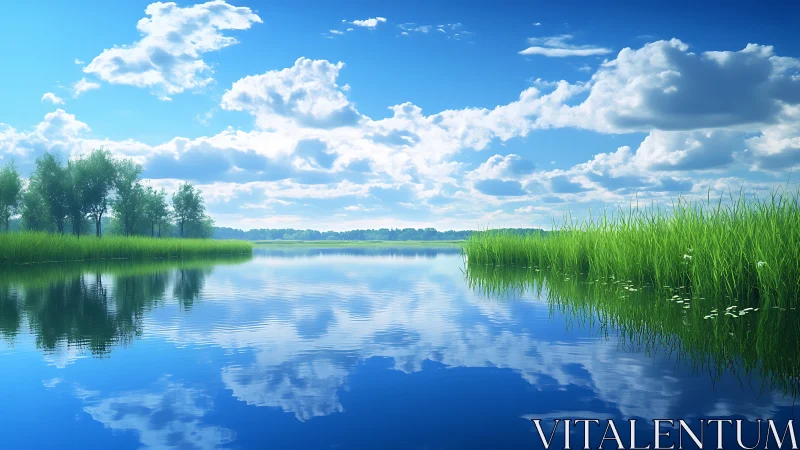 Summer lake daydream with drifting clouds and tall reeds.