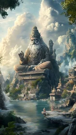 Colossal seated deity statue above riverside temple city.