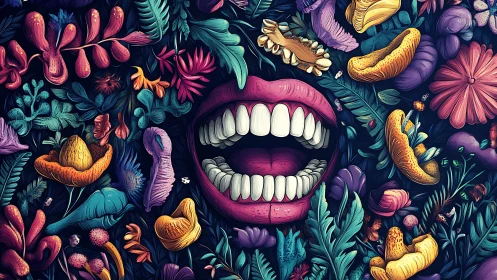 Laughing garden mouth sings through neon jungle blooms