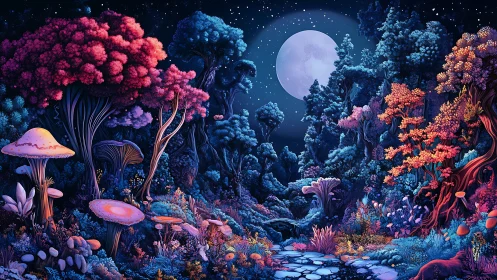 Luminous Bioluminescent Forest Under Moonlit Sky.