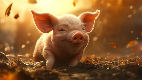 Content piglet resting in warm backlit autumn field.