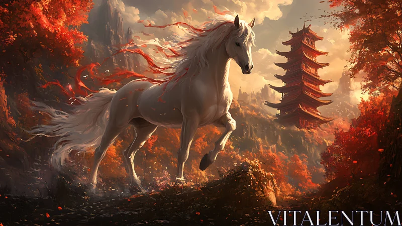 Digital painting of white stallion before autumn pagoda landscape.