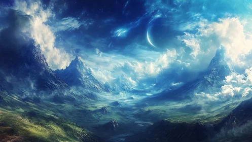 Celestial valleys breathe beneath a crescent-torn sky.