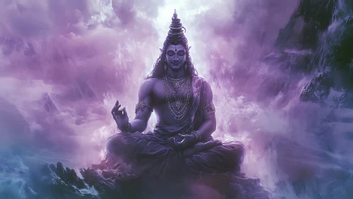 Divine meditative deity in ethereal violet atmospheric digital painting