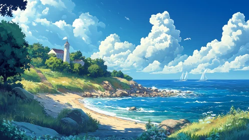 Coastal Lighthouse Scene with Sailboats Under Cumulus Skies