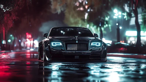 Luxury black sedan glows under neon rain-soaked street.