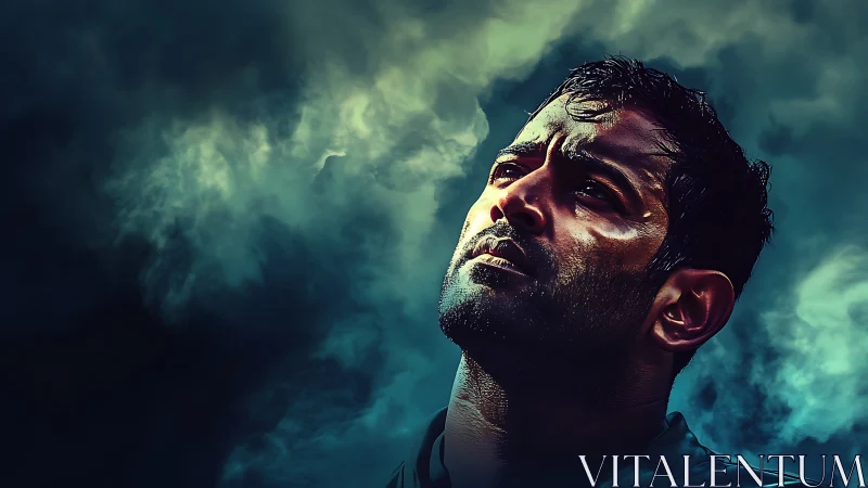 Brooding male portrait amid stormy teal clouds digital art.