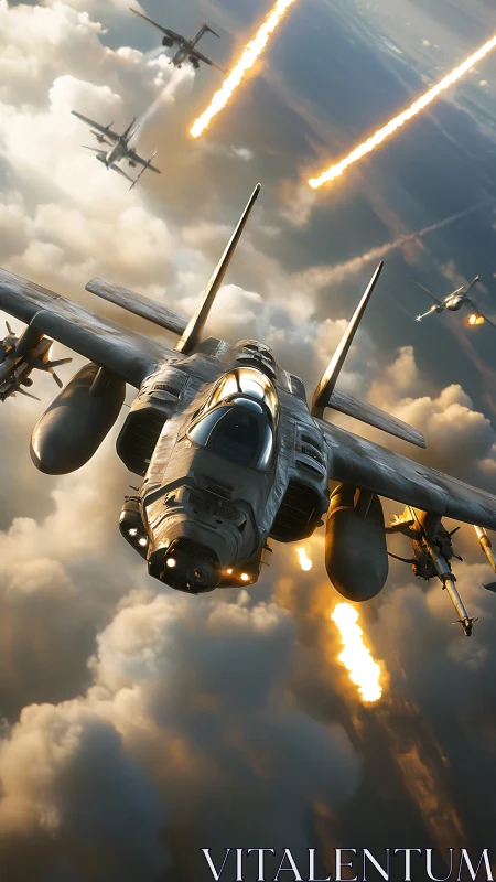 Stormrider gunship dives through blazing missile sky.