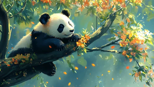 Dreamy panda dozes in a sunlit blossom-swept treetop.