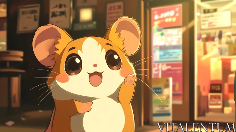 Cheerful anime hamster greets viewers in neon city glow.