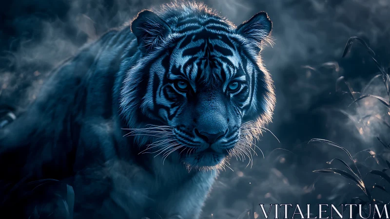 Cinematic blue-toned tiger portrait in nocturnal foliage study.