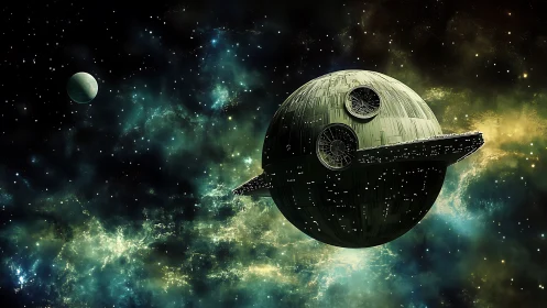 Spherical battle station model rendered in deep space scene