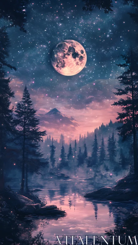 Lunar forest reflection under magenta twilight sky.