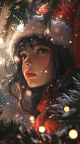 Winter muse in scarlet hood beneath twinkling pine boughs.