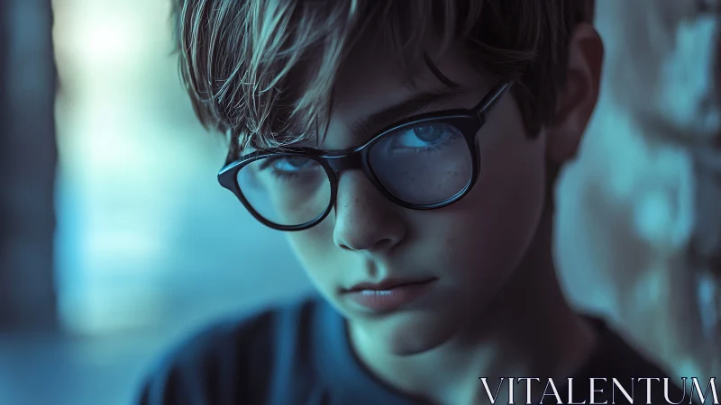 Teenager in Glasses Against Cyan Digital Backdrop.