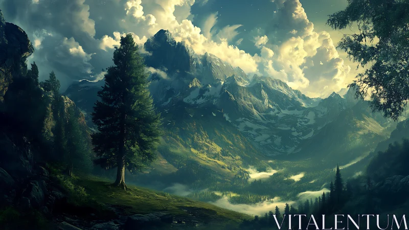 Sunlit mountain valley wrapped in soft, dreamlike mist.