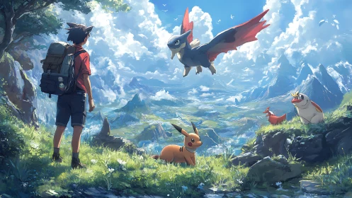 Young explorer and playful creatures over valley skies.