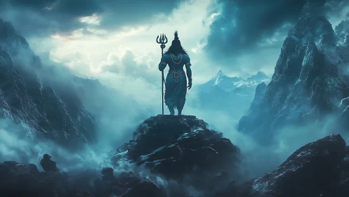 Silhouetted deity with trident on misty mountain summit.