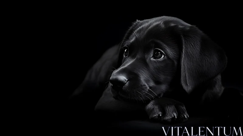 Photorealistic low-key portrait of black puppy in profile.