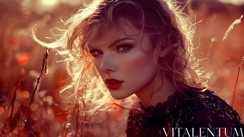 Fiery sunset portrait captures intense gaze in amber field.