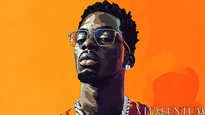 Stylized portrait of man with glasses on vivid orange background.