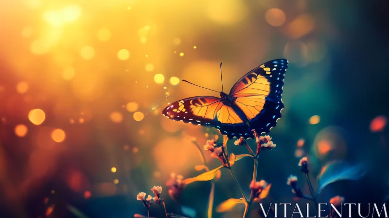 Digital painting of monarch butterfly in glowing bokeh field.