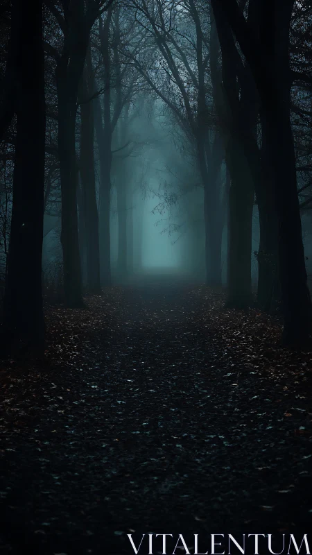 Atmospheric Forest Corridor: Misty Woodland Path in Diminishing Perspective.