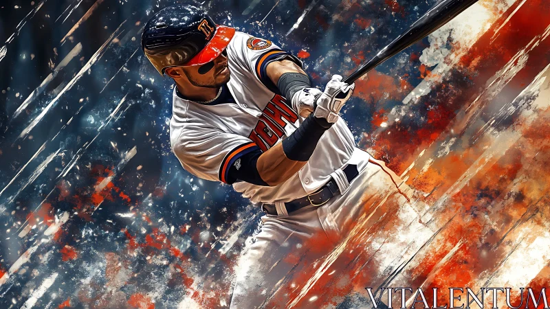 Power hitter swings through dynamic abstract color field.