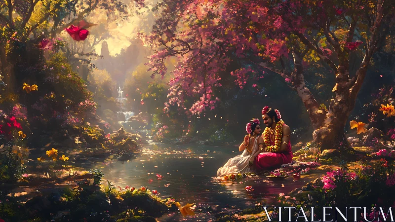 Divine lovers rest beside luminous spring forest stream.