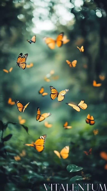 Orange butterflies in soft forest light over green foliage.