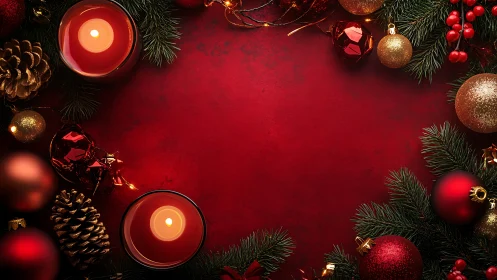 Red Christmas candles frame lie among festive baubles