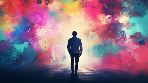 Silhouetted figure before diffuse multicolored abstract field.