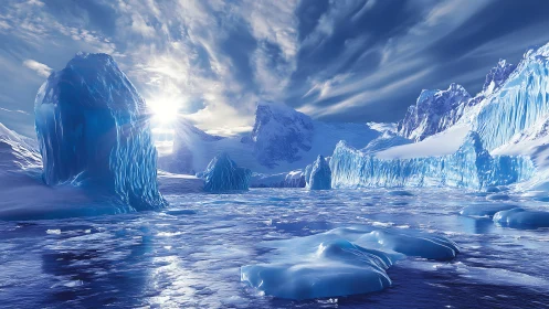 Sunlit polar icebergs glow over a frozen blue seascape.