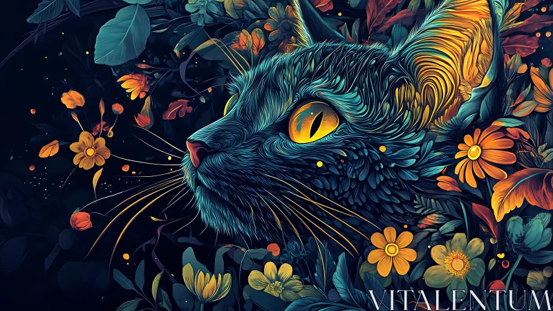 Mystical Cat Among Glowing Blooms in Night Garden.